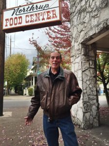 Jerry Vermillion in front of his sleeping spot at the old Northrup Food Center. Photo by Thacher Schmid.